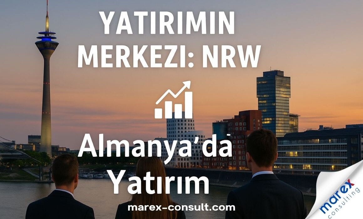 Düsseldorf şehir silueti üzerinde "NRW’de Yatırım" başlığı